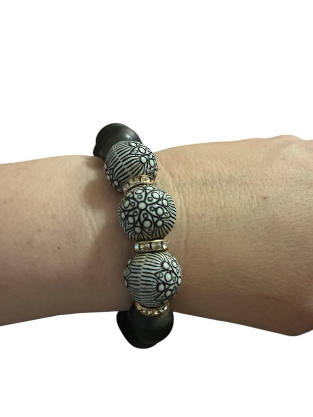Black and White Patterned Beaded Stretch Bracelet